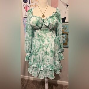 Green Floral Long Sleeve Dress